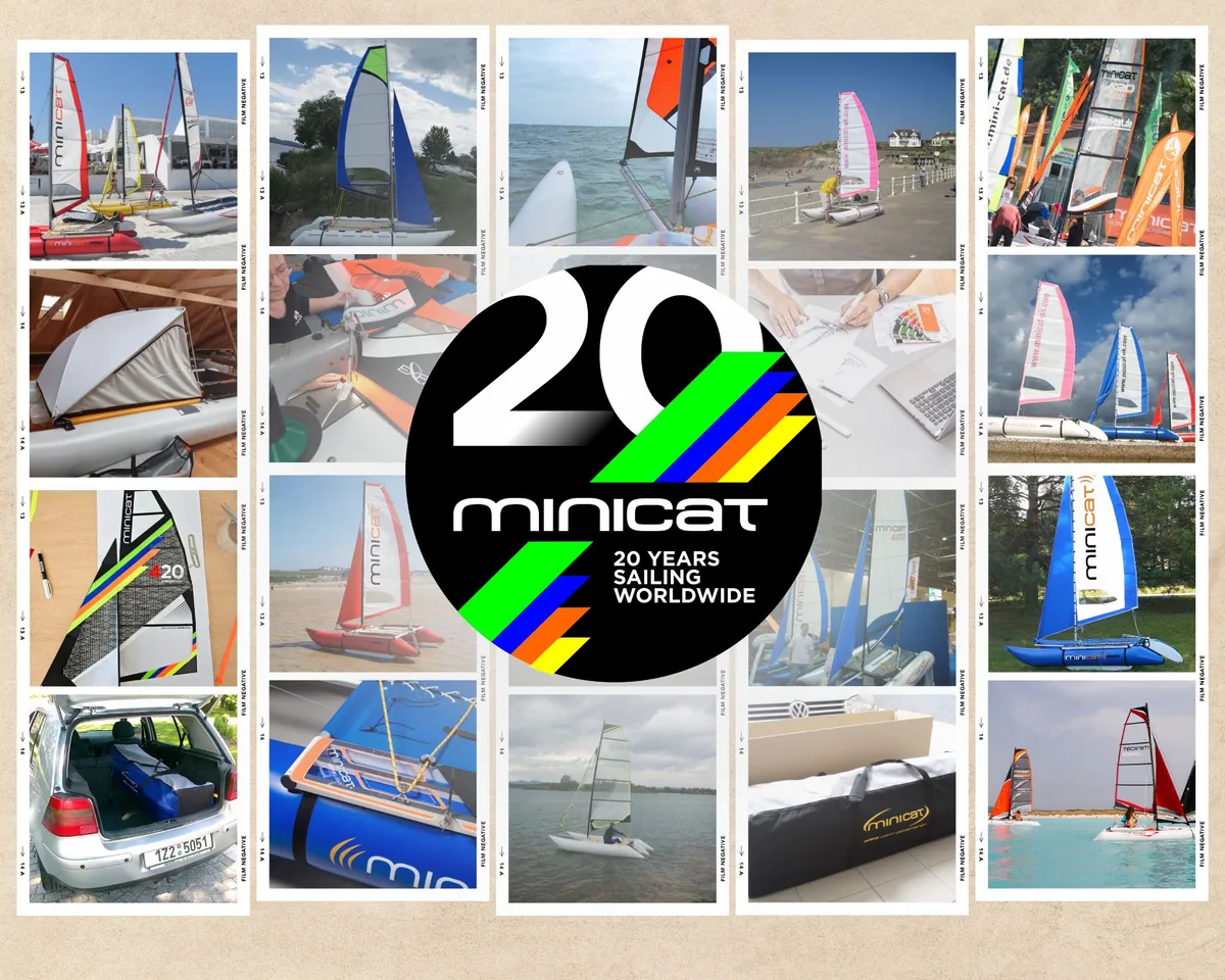 MiniCat 20-lecie marki kolaż zdjęć i historii katamaranów MiniCat